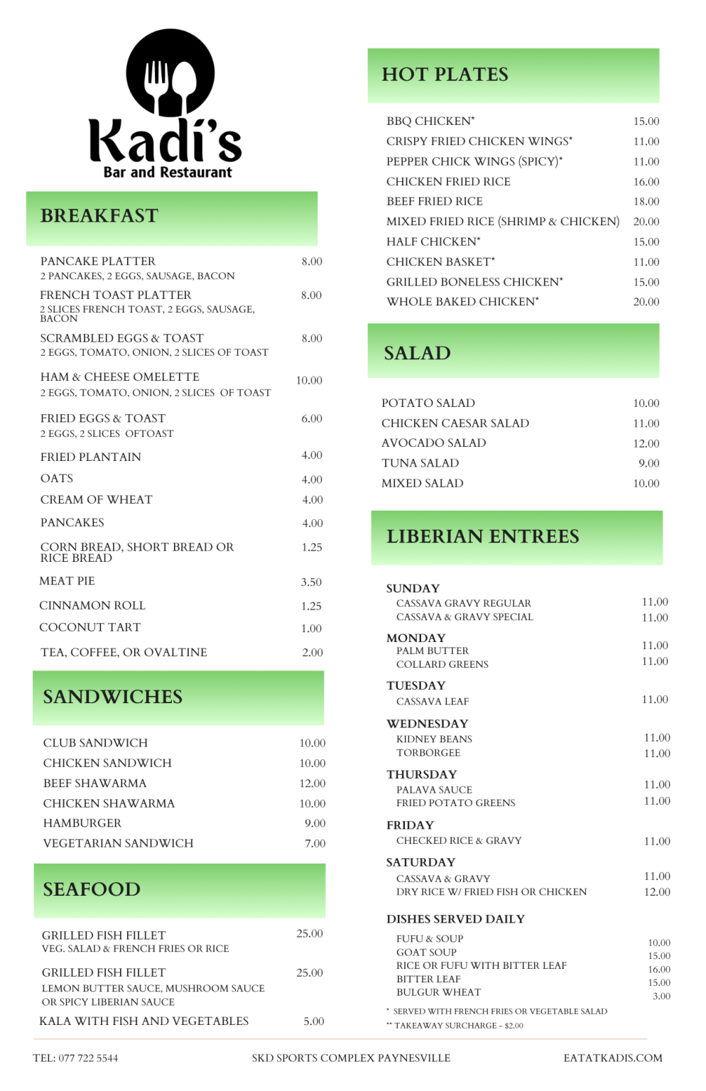 KBR Food Menu